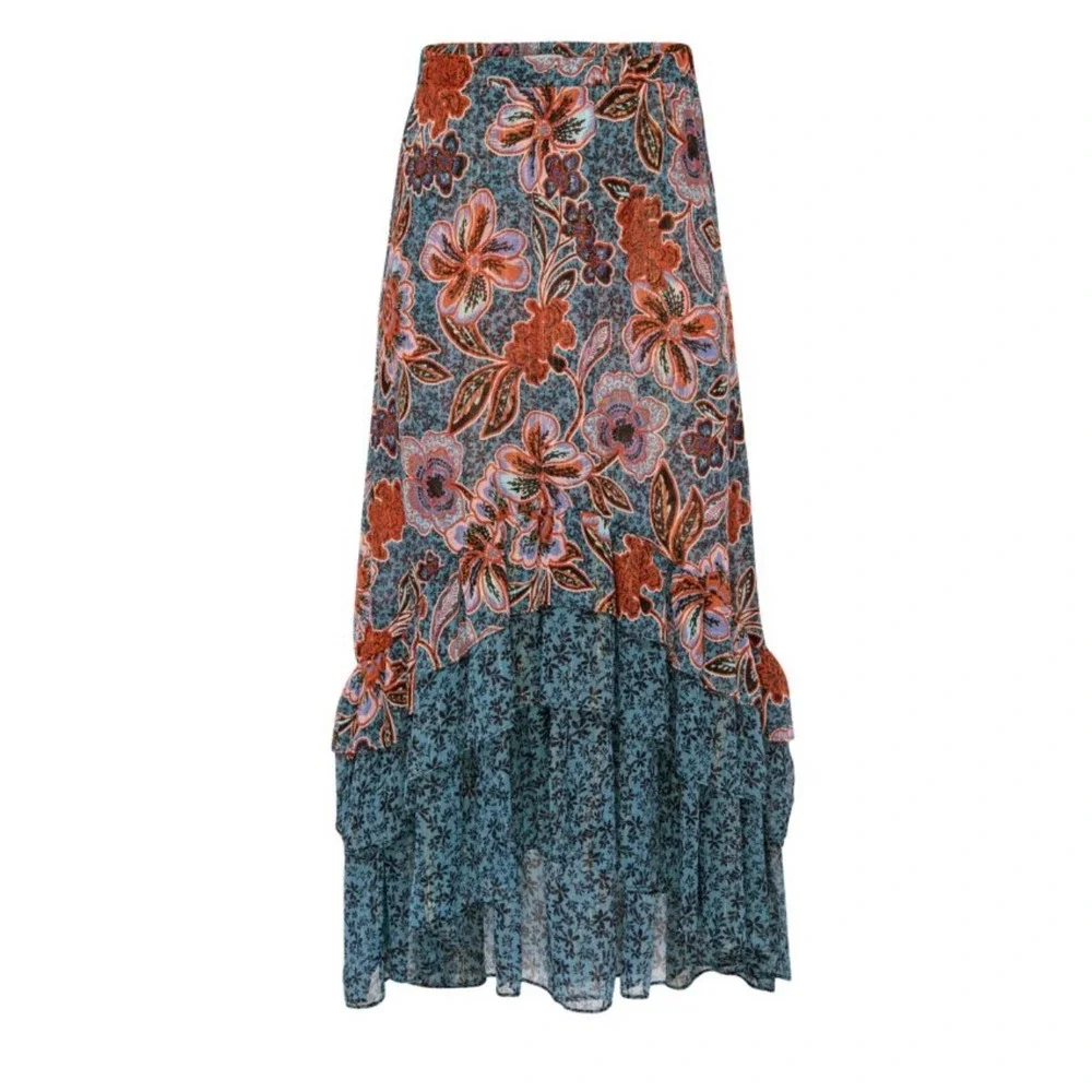 NWT MISA Los Angeles Esti Floral High-Low Midi‎ Skirt Ruffle Trim Cerulean Sz XS
